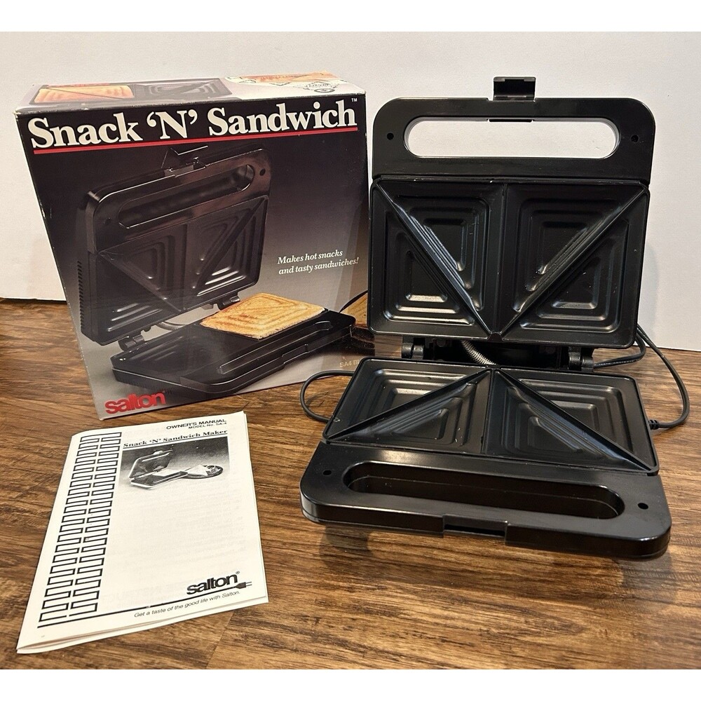 Salton Snack 'N' Sandwich Maker 1994 Model SA4 BLK Panini Crimps & Seals TESTED